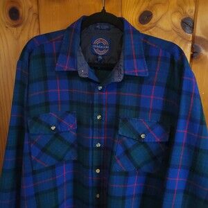 Vintage Claybrooke Large Blue Acrylic Dress Shirt Plaid Pattern Long Sleeve